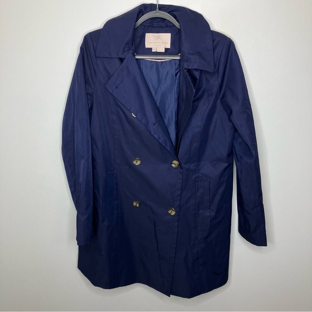 GAL MEETS GLAM Double Breasted Hooded Trench Coat Navy Blue Medium